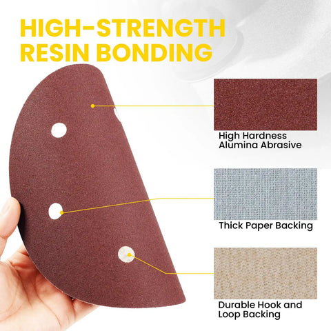 Fresh 9 Inch Hook And Loop Drywall Sanding Discs With Hole Design 40 120 And 180 Grit Mixed Bag For Pro Aluminum Oxide Sander Paper showing abrasive surface and backing details.
