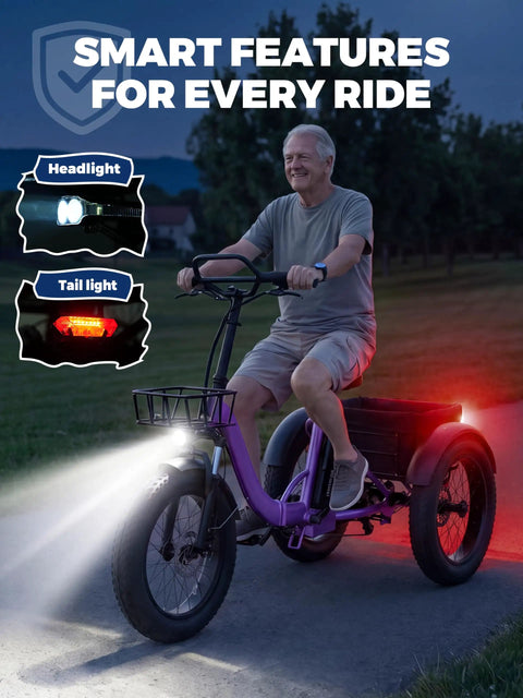 Three Wheel Electric Trike For Adults With Fat 20 By 4 Inch Tires 1200W Peak Motor 998Wh Battery Butterfly Handlebar Backrest Seat Storage Bag Go To Ride For Seniors Commuting And Shopping Purple with headlight and tail light
