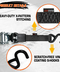 Black Ratchet Tie Down Straps Heavy Duty Towing Gear Lock Your Cargo Tight No Slip Grip For Pickup Trucks And Trailers One Inch By Fifteen Foot 1800 Lbs Breaking Strength 8 Pack with heavy-duty X-pattern stitching and vinyl-coated S-hooks.