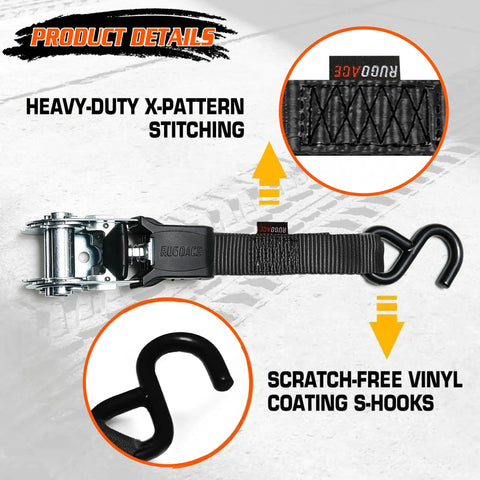 Black Ratchet Tie Down Straps Heavy Duty Towing Gear Lock Your Cargo Tight No Slip Grip For Pickup Trucks And Trailers One Inch By Fifteen Foot 1800 Lbs Breaking Strength 8 Pack with heavy-duty X-pattern stitching and vinyl-coated S-hooks.