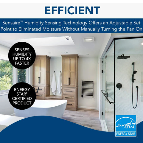 Bathroom with Humidity Sensing Exhaust Fan With LED Light, 80 CFM, Ultra Quiet 0.8 Sones, Energy Star Certified, White Finish visible