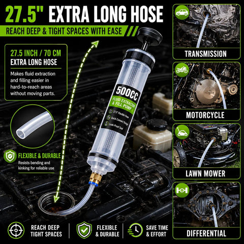 Heavy Duty 500CC Fluid Extractor Pump With Dual Hoses For Quick Oil And Transmission Swap, Grab Gear Oil Coolant Brake Fluid And Power Steering In A Snap Without The Mess with 27.5 inch long, flexible hose.