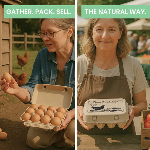 Two women at farmers market showcasing 50 Pack Egg Cartons That Hold 12 Eggs Each Built From Molded Pulp Paperboard Eco Friendly Reusable Storage For Backyard Farmers CSA Farmers Markets With Printed Lid For DIY Branding