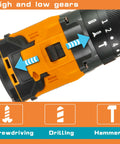 Close-up of cordless 3 in 1 impact drill with 150Nm brushless motor showing hammer, drill, and driver modes on an orange body