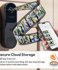 Image showing 2K HD Battery Wireless Doorbell Camera With Ring Chime and phone app displaying secure cloud storage options.