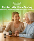 GlucoCard Expression Blood Glucose Test Strips No Coding testing at home with meter and strips on table