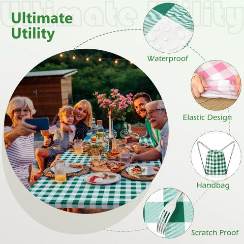 Family enjoying a meal outdoors with Picnic Table Cover With Bench Covers And Carry Bag Set For Outdoor Tables Waterproof Heavy Duty Vinyl