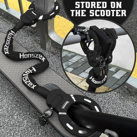 Heavy Duty Bike Lock Chain With Key For Electric Scooters And E-Bikes - 36.22 Inch Alloy Steel Security Cable, Ultra Secure Lock For Bicycles, Motorcycles, Shopping Carts, Baby Strollers, And More, Built To Lock Down Thieves. stored on scooter