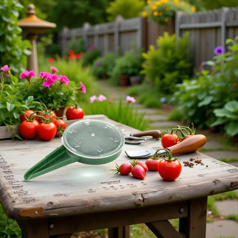 Adjustable Seed Dispenser Hand Tool For Garden Planting And Sowing on wooden table with tomatoes and flowers