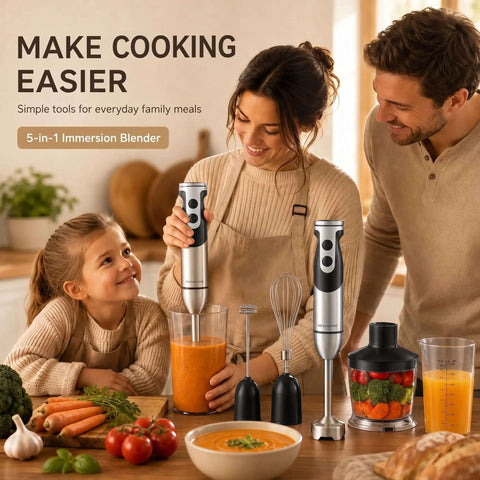 Kickin Eight Hundred Watt 5 In 1 Hand Blender With Titanium Blades And 12 Speed Settings For Smooth Soups, Baby Food And Creamy Whisks. Includes Dope Mixing Cup, Wire Bail Whisk, Milk Frother And Mini Chopper Bowl For Real Good Kitchen Prep in use by a family preparing meals.