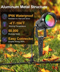 12W RGB Low Voltage Landscape Lights Kit with dimmable color changing outdoor spotlights on a grassy yard during rain