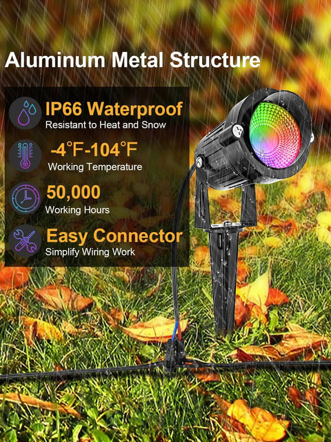 12W RGB Low Voltage Landscape Lights Kit with dimmable color changing outdoor spotlights on a grassy yard during rain