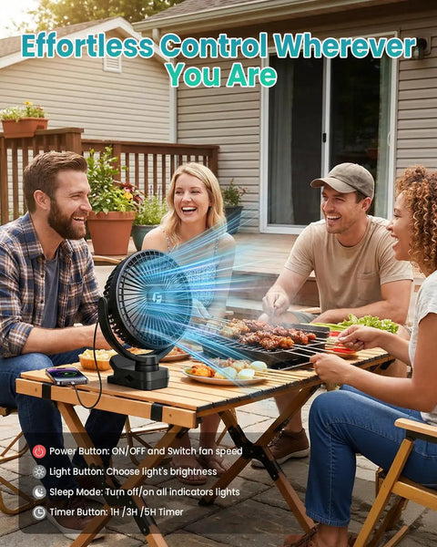Group enjoying barbecue with Massive 40000mAh Clip On Fan With Light 2 In 1 Portable USB Rechargeable Fan for Desk and Outdoors