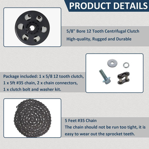 Centrifugal Clutch Set For Go Kart Mini Bike With Five Eighths Bore Twelve Tooth Sprocket And Hardware Kit With Number 35 Chain