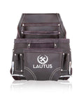 Front view of oil tanned leather tool pouch bag for carpenters and handymen with 10 pockets and 2 hammer holders, dark brown.