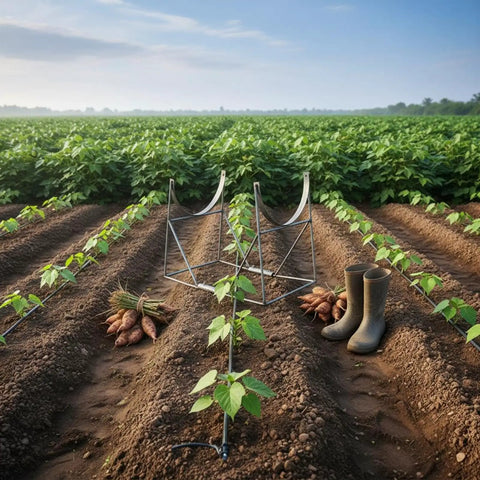 Heavy Duty Welded Steel Yam Bundling Rack Straight Up Sturdy Farm Crop Organizer For Field Harvest Storage with boots and yams.