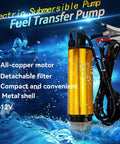 DC 12V 80W Submersible Water Pump For Diesel Oil And Fuel Transfer 30L Per Minute Flow 30 Meter Lift, shown with clamps.
