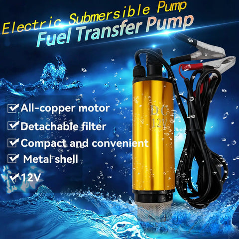 DC 12V 80W Submersible Water Pump For Diesel Oil And Fuel Transfer 30L Per Minute Flow 30 Meter Lift, shown with clamps.