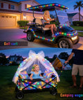 2 Pack Battery Operated Outdoor String Lights With 8 Modes illuminating a golf cart and camping wagon at night