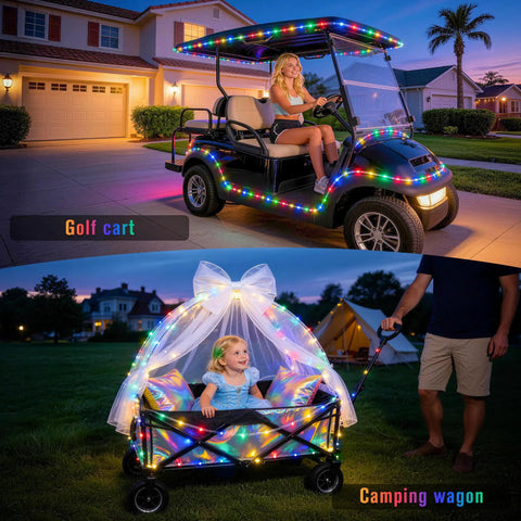2 Pack Battery Operated Outdoor String Lights With 8 Modes illuminating a golf cart and camping wagon at night