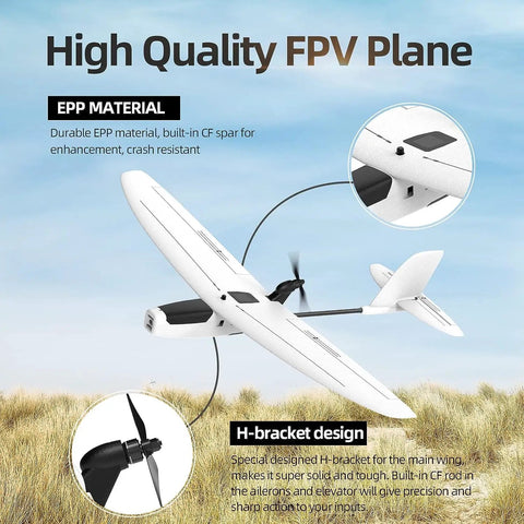 Drift FPV RC Airplane For Adults, Ultra Lightweight Sub 250g PNP Drone Plane With 870mm Wingspan in flight over grassy field