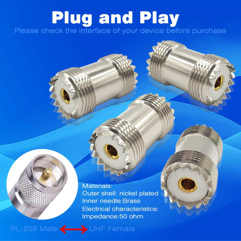 UHF Female to Female Coaxial Barrel Adapter SO239 Coupler Jack Connector for CB Ham Radio on blue background