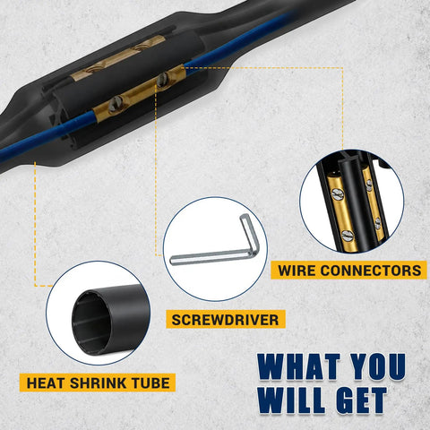 3 Pack Top Shelf Underground Wire Splice Kit For 14/3 To 8/3 Awg Wire With Knockout 600V Rating parts including heat shrink tube, connectors, screwdriver.