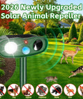 Fortress Pro Deer Repellent With Solar Ultrasonic Motion Activated Alarm And LED Light on stake in garden, 2026 upgraded view