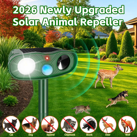 Fortress Pro Deer Repellent With Solar Ultrasonic Motion Activated Alarm And LED Light on stake in garden, 2026 upgraded view