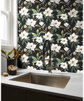 Vintage Floral Peel And Stick Wallpaper Black White And Green Removable Repositionable Textured Matte Finish in kitchen decor