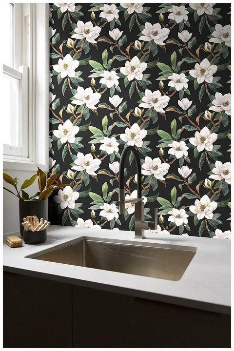 Vintage Floral Peel And Stick Wallpaper Black White And Green Removable Repositionable Textured Matte Finish in kitchen decor