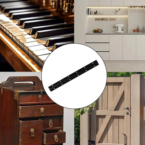 Top Shelf 4 Pack 12 Inch Black Piano Hinges Heavy Duty Continuous Metal Bar For Cabinet Doors Pianos Mailboxes Junk Drawers And Secure Storage Boxes Includes Mounting Screws isolated with background images of a piano, cabinets, and drawers.