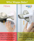 Comparison of door lever locks showing 4 Pack Door Lever Locks For Toddlers Babyproofing Made Easy No Tools Needed One Hand Operation Durable ABS With 3M Adhesive Kidproof Easy Install On Flat Door Levers For Busy Moms And Dads.