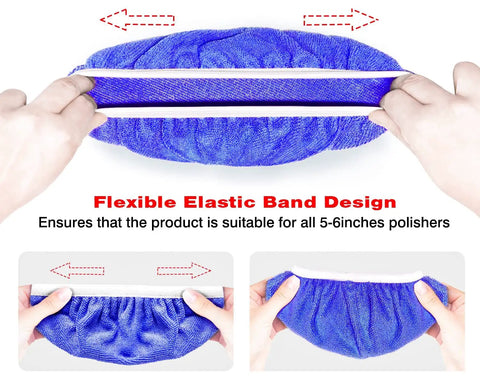 5 To 6 Inch Car Polisher Pad Bonnet Set With 15 Buffing Pads, 10 Microfiber Wax Pads And 5 Woolen Pads, Elastic Band Pro Grade Fit For Easy Waxing, Polishing And Dust Removal On Painted Surfaces. Blue microfiber elastic band bonnet shown stretched for 5-6 inch polishers