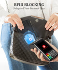 Travel Ready Compact Women's Bifold Wallet With RFID Blocking Zipper Coin Pocket And Card Holder Lightweight Durable Material Slim Purse Friendly For Everyday Carry And Travel Classic Black shown protecting from RFID scanner