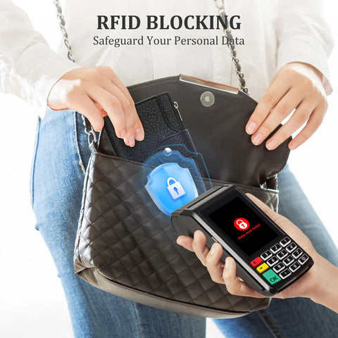 Travel Ready Compact Women's Bifold Wallet With RFID Blocking Zipper Coin Pocket And Card Holder Lightweight Durable Material Slim Purse Friendly For Everyday Carry And Travel Classic Black shown protecting from RFID scanner