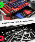 Eight Piece Magnetic Socket And Wrench Organizer Set For Toolboxes With Detachable Tray And Twenty Four Slot Wrench Holder.