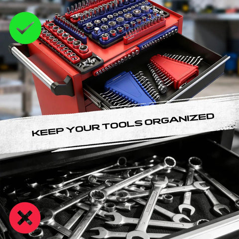 Eight Piece Magnetic Socket And Wrench Organizer Set For Toolboxes With Detachable Tray And Twenty Four Slot Wrench Holder.
