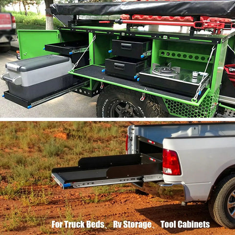 Locking Drawer Slides With Side Mount Ball Bearing Rails For Smooth Easy Glide Full Extension Three Fold Runners Ideal For Instrumentation Benches And Work Tables 550 Millimeters 22 Inches Long in truck and RV storage setups