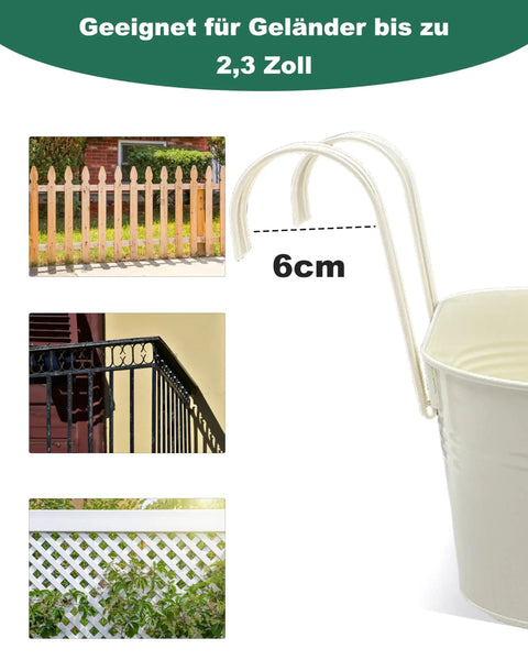 Cool Oval Metal Railing Planters For Outdoor Plants Three Pack With Detachable Hooks And Drain Holes shown near railings with 6cm gap