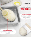 Brushing dough in pan with silicone brush, dough scraper beside; part of Round 9 Inch Banneton Proofing Basket Starter Kit With Lame Dough Scraper Linen Liner And Basting Brush For Perfectly Shaped Sourdough Loaves All In One Bread Making Tools.