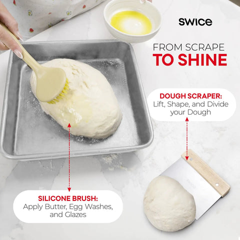 Brushing dough in pan with silicone brush, dough scraper beside; part of Round 9 Inch Banneton Proofing Basket Starter Kit With Lame Dough Scraper Linen Liner And Basting Brush For Perfectly Shaped Sourdough Loaves All In One Bread Making Tools.
