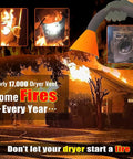 Image showing house on fire with dryer vent fire warning, promoting Two Piece Upgraded Dryer Vent Cleaner Kit With Universal Vacuum Hose Attachment And Dryer Lint Brush Fits Most Vacuums For Quick Lint Removal Blue Today.