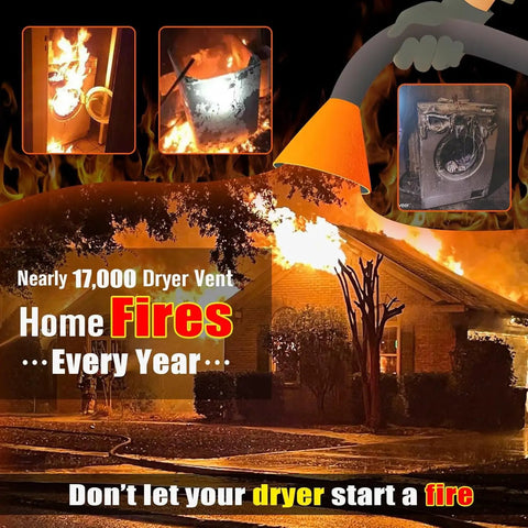Image showing house on fire with dryer vent fire warning, promoting Two Piece Upgraded Dryer Vent Cleaner Kit With Universal Vacuum Hose Attachment And Dryer Lint Brush Fits Most Vacuums For Quick Lint Removal Blue Today.