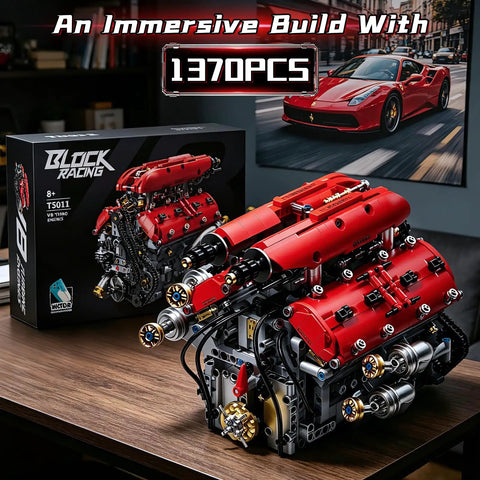 V8 Engine Model Kit That Runs With Motorized Pistons, Car Engine Building Blocks Set For STEM Learning on table with box