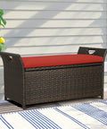 Outdoor Deck Storage Box And Wicker Storage Bench In Red Rattan Storage Chest With Cushion For Patio Garden Weather Resistant Cushioned Seat And Hidden Storage Easy Access All In One Outdoor Organization For Patio in garden