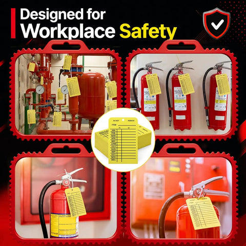 Must-Have Fire Extinguisher Monthly Inspection Tags 25 Pack With Adjustable Ties Yellow PVC Safety Labels in use