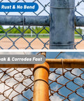 Comparison of Beefed Up 14 Gauge Galvanized Chain Link Fence Ties with rust-resistant steel and a rusted fence for gardens.