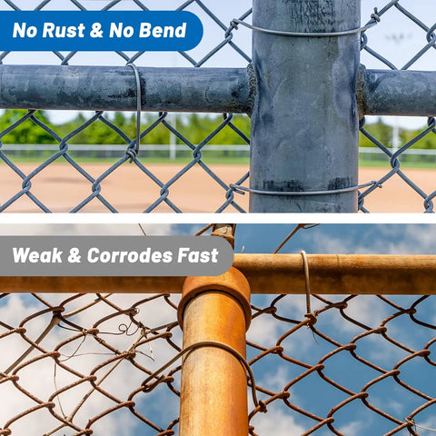Comparison of Beefed Up 14 Gauge Galvanized Chain Link Fence Ties with rust-resistant steel and a rusted fence for gardens.