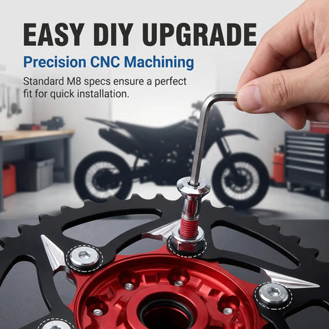 Six Piece Dirt Bike Sprocket Bolt And Nut Kit With M8 Bolts And Flange Locking Nuts For Rustproof Break Resistant Fasteners Compatible With Yamaha Suzuki KX KXF RM RMZ YZ YZF CR CRF BMW Aprilia Silver installed on sprocket